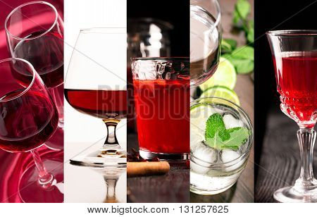 Collage of photos of different alcohol drinks (dark and white background)