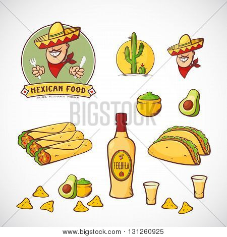 Mexican Food Vector Illustrations Set with Logo Template for Restaurant Menu, Cafe, Meal Delivery. Smiling Man in Traditional Sombrero, Tacos, Burritos, Tequila, etc. Bright Colors. Isolated.