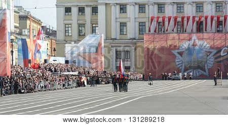 St. Petersburg, Russia - 9 May, Bearers group on Palace Square, 9 May, 2016.
Festive military parade on the Palace Square in St. Petersburg.