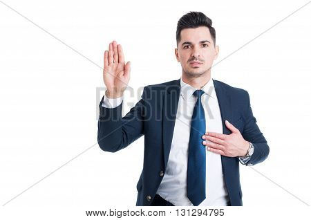 Honest Lawyer Hand Over Heart As Swear Or Oath Gesture