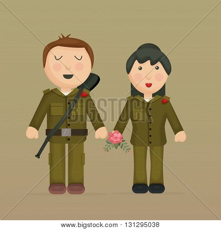Cartoon illustration of soldiers, girl and boy.
