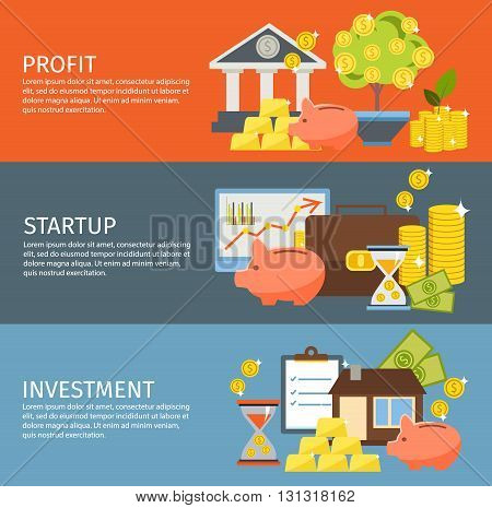 Three colored horizontal investment banner set with description of profit startup and investment vector illustration