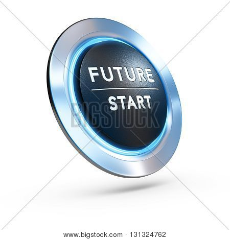 3D illustration of a pushbutton where it is written future start with blue light over white background. Concept image for illustration of life change or strategic vision.