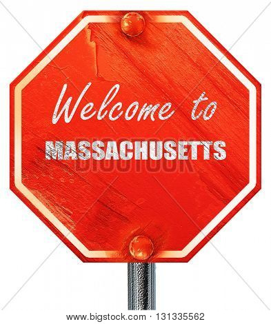 Welcome to masschusetts, 3D rendering, a red stop sign