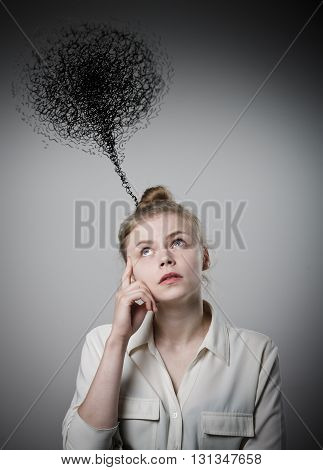 Young slim woman and chaos in mind. Imagination and chaos concept.