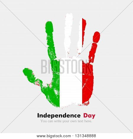 Hand print, which bears the Flag of Italy. Independence Day. Grunge style. Grungy hand print with the flag. Hand print and five fingers. Used as an icon, card, greeting, printed materials.