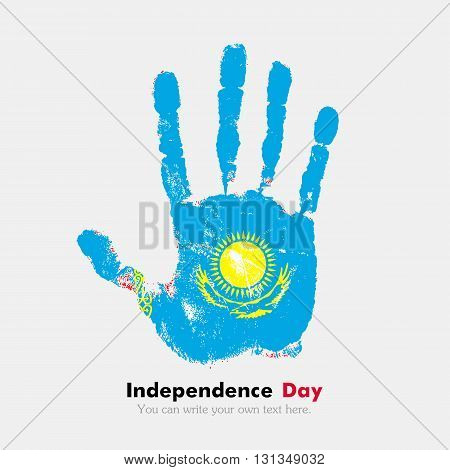 Hand print, which bears the Flag of Kazakhstan. Independence Day. Grunge style. Grungy hand print with the flag. Hand print and five fingers. Used as an icon, card, greeting, printed materials.