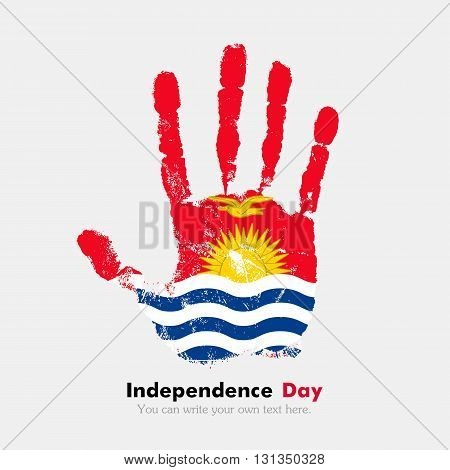 Hand print, which bears the Flag of Kiribati. Independence Day. Grunge style. Grungy hand print with the flag. Hand print and five fingers. Used as an icon, card, greeting, printed materials.