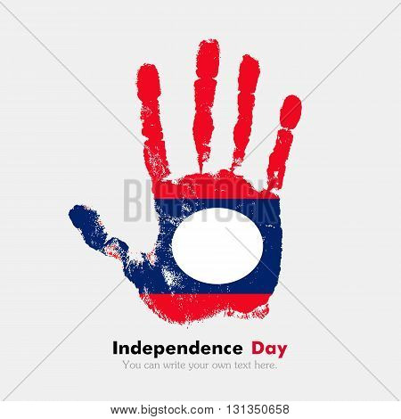 Hand print, which bears the Flag of Laos. Independence Day. Grunge style. Grungy hand print with the flag. Hand print and five fingers. Used as an icon, card, greeting, printed materials.