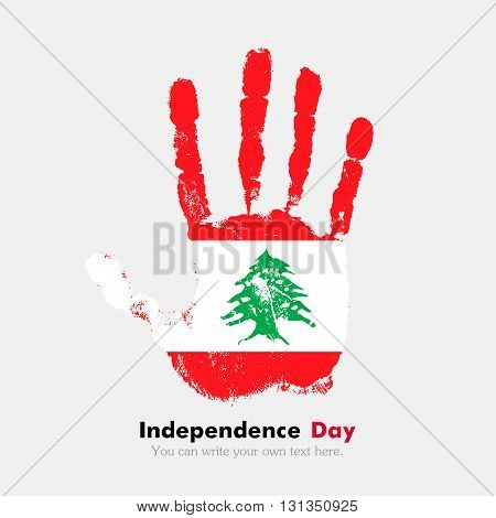 Hand print, which bears the Flag of Lebanon. Independence Day. Grunge style. Grungy hand print with the flag. Hand print and five fingers. Used as an icon, card, greeting, printed materials.