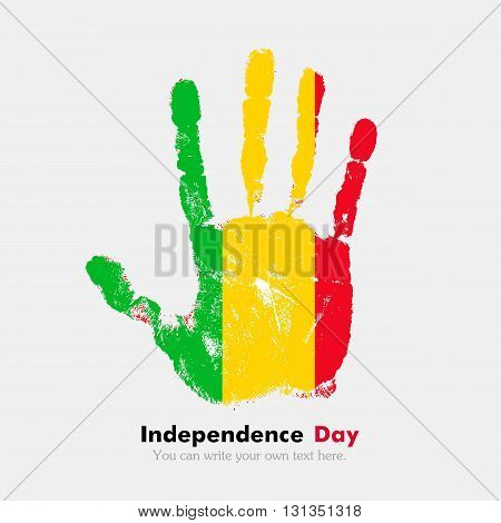 Hand print, which bears the Flag of Mali. Independence Day. Grunge style. Grungy hand print with the flag. Hand print and five fingers. Used as an icon, card, greeting, printed materials.