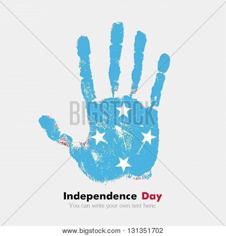 Hand print, which bears the Flag of Micronesia. Independence Day. Grunge style. Grungy hand print with the flag. Hand print and five fingers. Used as an icon, card, greeting, printed materials.