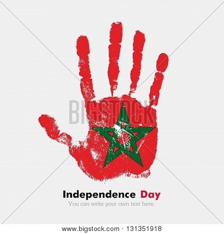 Hand print, which bears the Flag of Morocco. Independence Day. Grunge style. Grungy hand print with the flag. Hand print and five fingers. Used as an icon, card, greeting, printed materials.