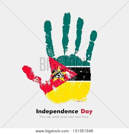 Hand print, which bears the flag of Mozambique. Independence Day. Grunge style. Grungy hand print with the flag. Hand print and five fingers. Used as an icon, card, greeting, printed materials.