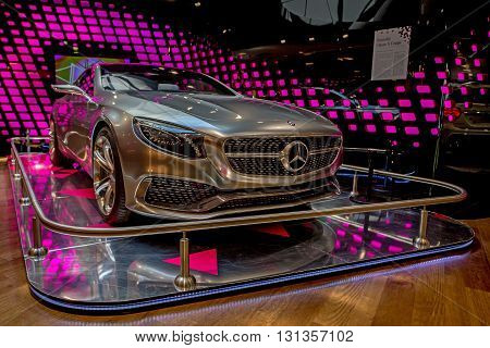 PARIS - CIRCA JUNE 2014: Mercedes S Coupe in showroom at Champs-Elysees. Mercedes is one of the most prestigious cars in the world