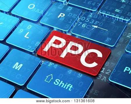 Advertising concept: computer keyboard with word PPC on enter button background, 3D rendering
