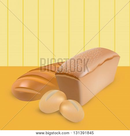 Set of wheat bread loaf and buns on yellow stripped background