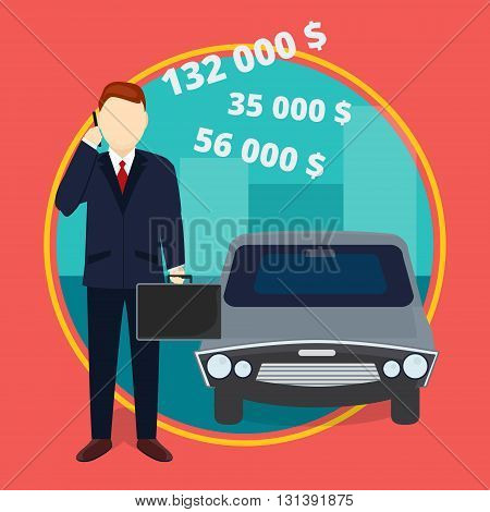Successful businessman talking the cellphone in front of the car concept