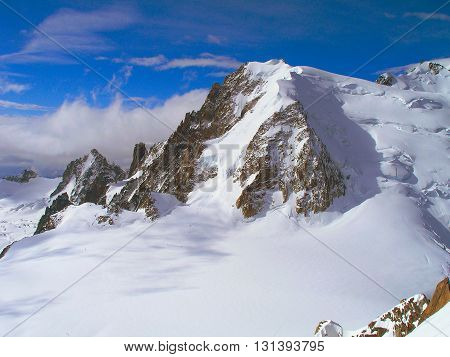 The majestic peaks of mountain range Mont Blanc France.