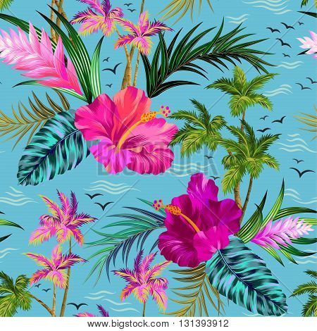 aloha style vector seamless pattern with vintage palms, hibiscus, water, birds, and other tropical elements.