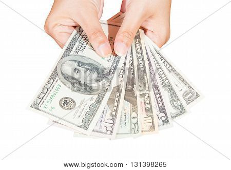 lady hand holding dollars banknote isolated on white background with clipping path