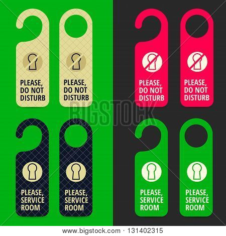Do not disturb and please service and clean room door handle hanger templates of gold black red and green colors