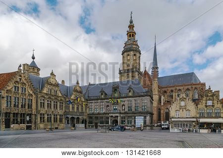 View of main market square with belfry and church in Veurne Belgium