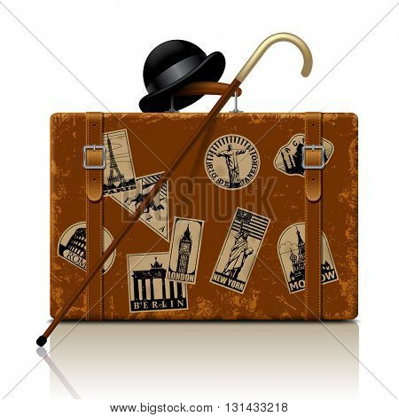 Vintage brown threadbare suitcase with walking stick, bowler hat and retro vacation & travel labels set. Vector illustration. EPS 10