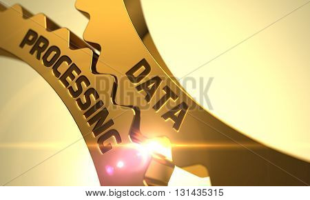 Data Processing on the Mechanism of Golden Metallic Cogwheels with Glow Effect. Golden Cogwheels with Data Processing Concept. Data Processing on the Mechanism of Golden Gears with Lens Flare. 3D.