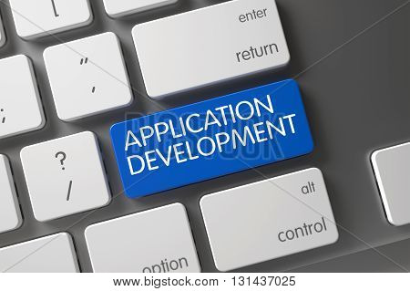 Blue Application Development Key on Keyboard. Application Development Keypad on Metallic Keyboard. Modern Keyboard with Hot Button for Application Development. 3D Render.