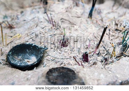 Incense ashes and sticks remains detail, Sri Lanka