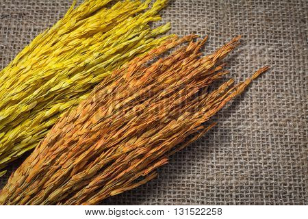 Rice On Sack Or Wood Table Background