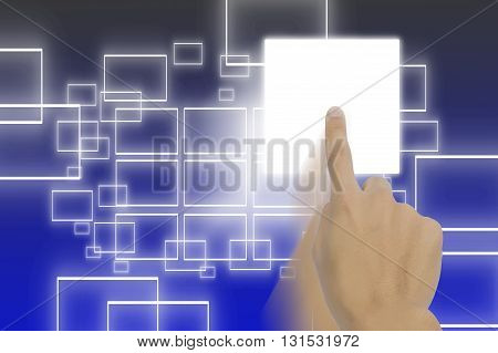 hand pushing transparent telephone buttons on blue background