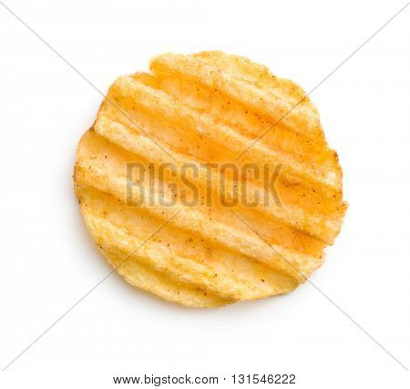 Crinkle cut potato chips isolated on white background. Tasty spicy potato chips. 