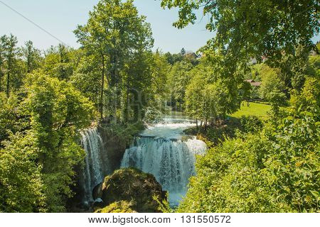 Waterfall on Korana river canyon and beautiful village of Rastoke near Slunj in Croatia