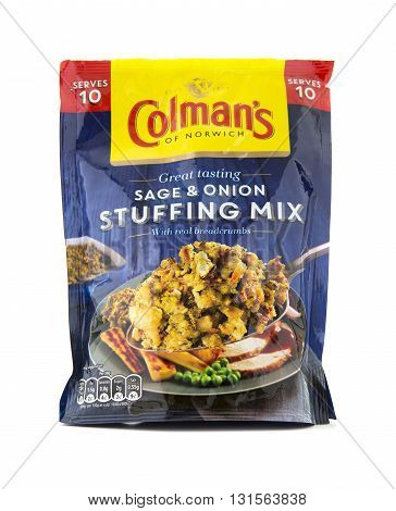 SWINDON UK - MAY 21 2016: Packet of Colmans Sage and Onion stuffing mix on a white background