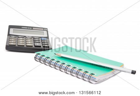 calculator with notepad and pencil isolated on white background