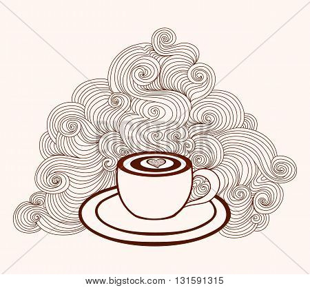 Abstract beautiful vector coffee cup with coffee art and with lines pattern
