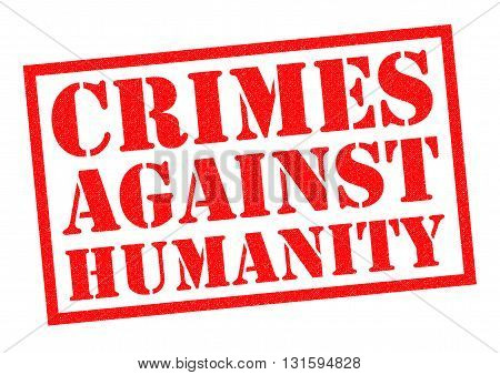 CRIMES AGAINST HUAMNITY red Rubber Stamp over a white background.