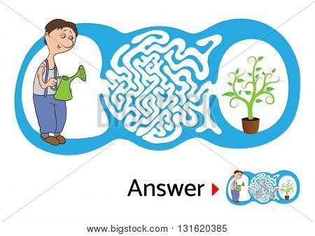 Maze puzzle for kids with gardener and flower. Labyrinth illustration, solution included.