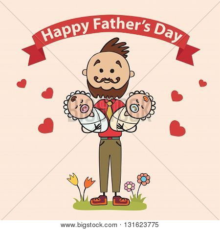 fathers with children baby twins in their arms. Element cards for Father Day. Vector illustration