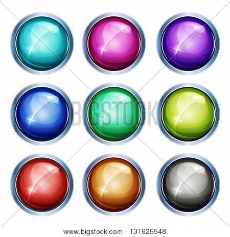 Illustration of a set of glossy and bright light buttons and icons with silver metal rings for apps and game ui