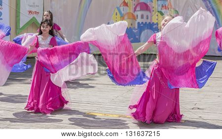 Rostov-on-Don Russia- May 22, 2016: Performance talented girls dance ensemble on the stage of the V. Cherevichkin Park