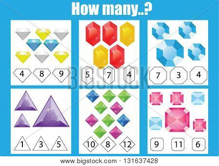 Counting educational children game. How many objects task choose the right answer. Learning mathematics numbers addition theme
