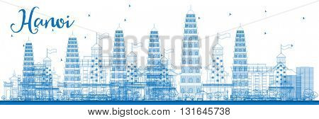 Outline Hanoi skyline with blue Landmarks. Vector illustration. Business and tourism concept with buildings. Image for presentation, banner, placard or web site