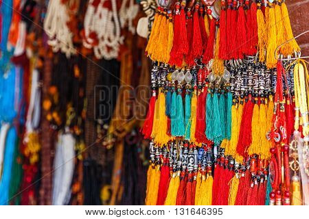 Close up photo of colorful nepalese keyrings