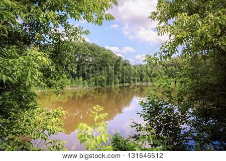The lake is surrounded by green trees and clouds in the sky on a sunny day. The nature of Russia.