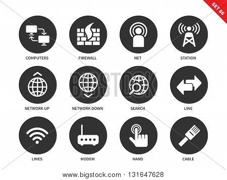Network vector icons set. Internet and information technology concept. Web pages and appps items, computer, station, search, line, modem, cable, hand click. Isolated on white background