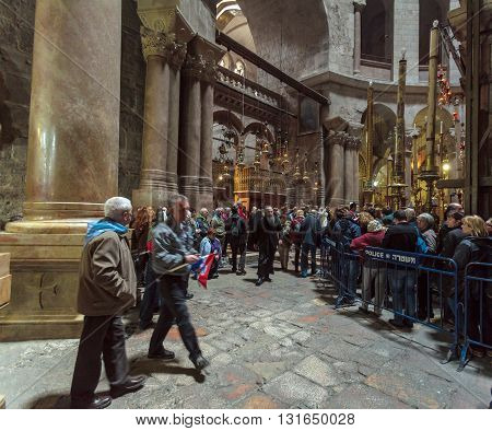 Jerusalem, Israel - February 16, 2013: Tourists Waiting In Rows To Enter Aedicule In Church Of The H