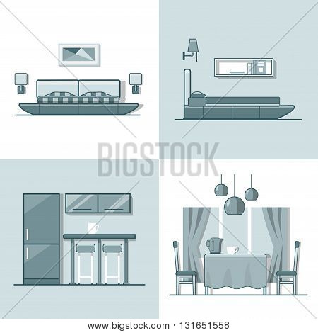 Bedroom kitchen living dining room interior indoor set. Linear monocolor stroke outline flat style vector icons. Color line art icon collection.